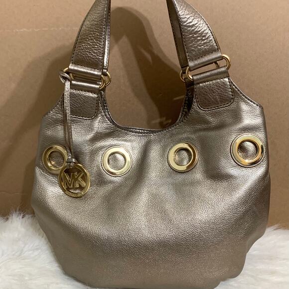 MICHAEL KORS Gold Metallic Leather Grommet Shoulder Tote Bag - Picture 2 of 16